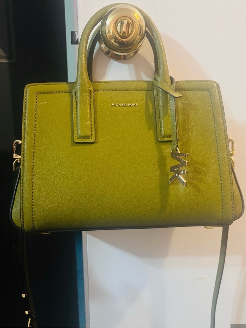 Michael Kors Olive Green Leather Satchel with Gold Hardware